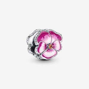 Venta al por mayor Pink Pansy Flower Charm Pandoras Plata de ley 925 Conjunto de dijes de lujo Pulsera Fabricación de dijes con cuentas de rosa Collar de diseñador Colgante Caja original