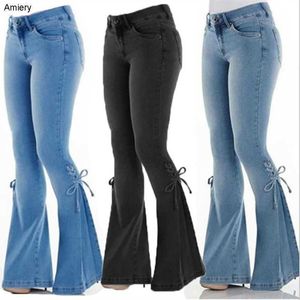 En gros Plus La Taille Femmes Jeans Printemps Automne Mi Taille À Lacets Denim Stretch Femmes Flare Pantalon Pantalon Capris Femme Tenues XXXL XXXXL