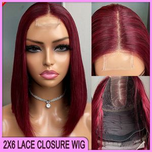 Precio al por mayor Vino indio peruano peruano rojo 100% crudo Virgin Remy Cabello humano Silky Rencillo 2x6 Cierre de encaje transparente Bob Wig