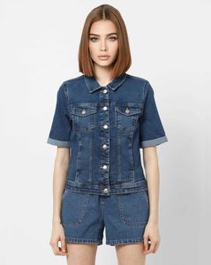 Precios al por mayor 2022 moda mujer Ruff Look camiseta vaquera azul y conjuntos cortos precios razonables de alta calidad