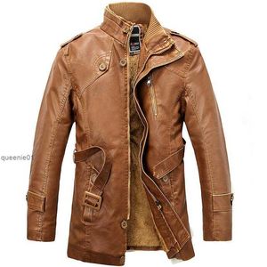 Vente en gros - Veste Pu Hommes Longue Laine Col Montant Manteaux En Cuir Moto Outwear Trench Parka Jaqueta De Couro