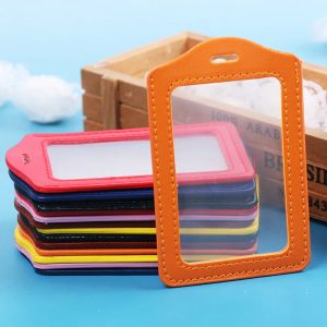 wholesale PU Leather ID Badge Case Clear With Color Border Lanyard Holes Card Badge Holder 11x7CM Office Stationery Supplies LL