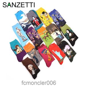 Vente en gros - Sanzetti 5 paire / lot coton peigné coloré Gogh rétro peinture à l'huile hommes chaussettes cool tenue décontractée drôle Party Crew LOWQ