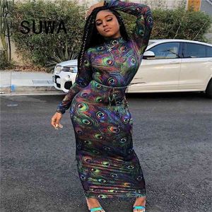 Vente en gros robes sexy printemps été coloré imprimé taille haute à manches longues moulante élégante robe mi-longue tenue de club 210525