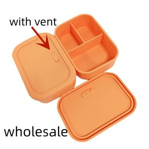 Déjeuner en silicone en gros avec boîte de ventilation Boîte à bento Boîtes à lunch pour enfants Four à micro-ondes Voyage à l'extérieur Conteneur de stockage de nourriture portable Conteneur rectangulaire à trois cellules