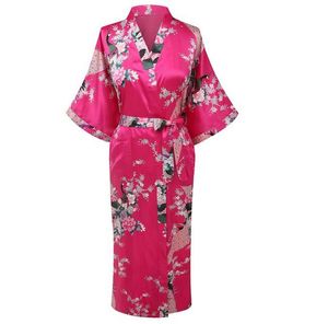 Vente en gros - Élégant Hot Pink Ladies Kimono Yukata Robe Femmes Soie Satin Robe D'été Casual Chemise De Nuit FloralPeacock S M L XL XXL XXXL A-109