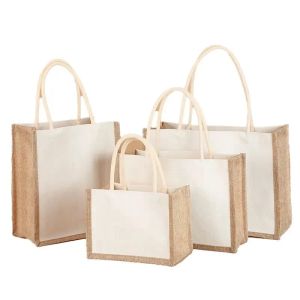 wholesale Transferencia de calor UV Bolsa de asas de lona de poliéster en blanco Película de PE impermeable forrada Bolsa de compras de yute de lino Natural ecológico Totes Blanks LL