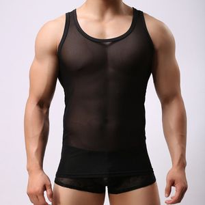 Débardeur en gros pour hommes Fil net Été Couleur unie Transparent Élasticité Sexy Vêtements masculins Nylon Tricot serré