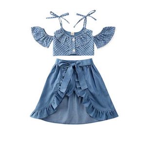 Gros Summer Baby Girl Costume Dot Bretelle Top Denim Shorts Jupe Trois Pièces Ensemble Enfants Vêtements E21148 210610