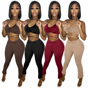 Vêtements d'été en gros femmes survêtements licou débardeur + pantalon évasé deux pièces ensemble sexy col en V dos nu gilet leggings ensembles assortis tenues solides 7003