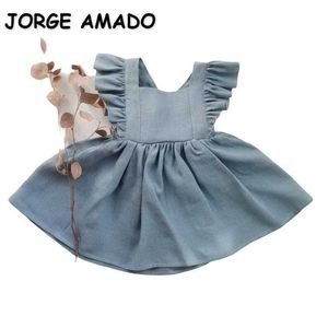 Venta al por mayor Vestido de niña de verano Chaleco sin mangas Color sólido Ruffles Bowknot Flor Open Back Princess Ropa para niños E0718 210610