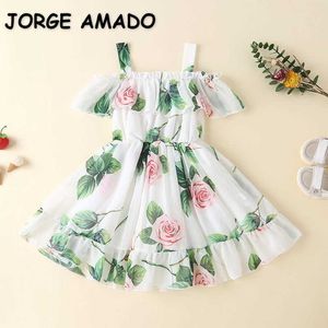 Venta al por mayor Vestido de niñas de verano floral gasa sin hombros princesa vacaciones playa niños ropa E320 210610