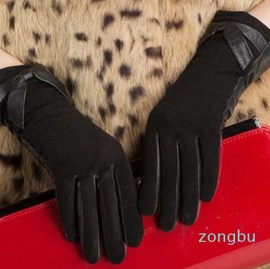 Venta al por mayor-Top Guantes de mujer de moda Guantes de cuero de gamuza de napa Forrado con forro polar Elegante Arco Mitones de muñeca Invierno Mujer