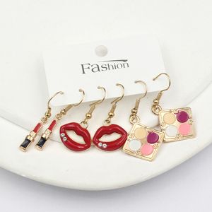 Ensemble de boucles d'oreilles tendance pour femmes, 3 paires, boîte à cosmétiques, rouge à lèvres, lèvres rouges, bijoux tendance, cadeaux, vente en gros