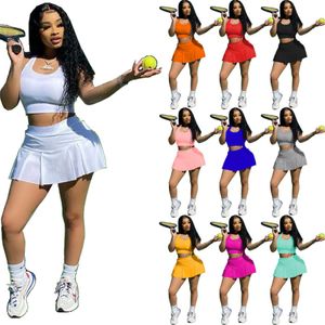 En gros Deux Pièces Robe designer Baseball Uniforme Tenues Solide Jupe Plissée Col Carré Crop Débardeurs Deux 2 Pièce Ensemble Femmes Vêtements 9575