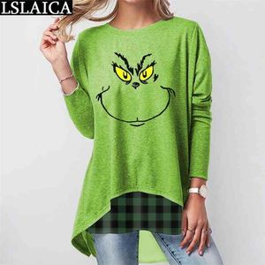 Gros femme t-shirts à manches longues col rond vert t-shirt dessin animé imprimé mode décontracté tricoté automne hiver sommets 210515