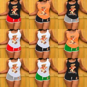 wholesale Ropa de mujer Chándales casuales Pantalones de yoga Trajes de 2 piezas Estampado de oso Camiseta sin mangas y pantalones cortos Trajes deportivos