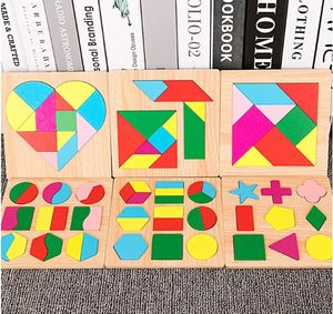 Venta al por mayor Juguetes geométricos de madera Formas Cognición Montessori Puzzle Board 3D Tangram Math Jigsaw Game Learning Juguetes educativos para niños Regalos