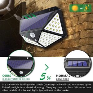 Lámparas solares de gran angular, 100leds, luz solar led para jardín, sensor de movimiento pir, lámpara de iluminación solar montada en la pared gratis