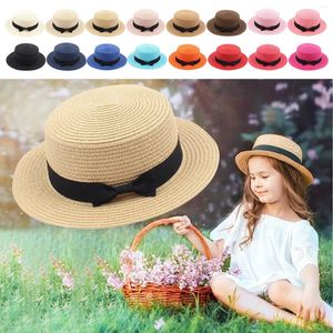 Wide Brim Hats 2014 Parent-Child Sun Flat Paille Hat Boater Girls Bow Summer For Women Kid and Beach Panama