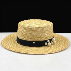 Hates de borde anchos 2019 Simple Summer Girls Flat Sun Hats for Women Chapeau Feminino Straw Straw Style Pearl Beach Bucket Cap R230214