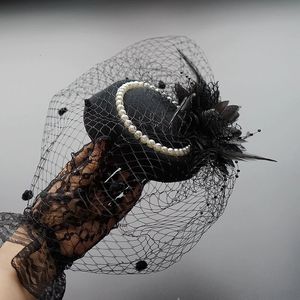 Chapeaux à large bord seau mariage de mariée fascinateurs rouges pour femme cocktail église fête sinamay plume voile coiffe vintage gants noirs casquette 230822