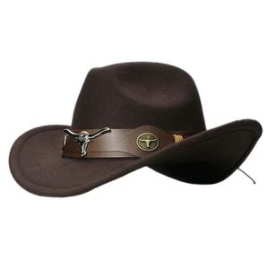 Chapeaux à larges bords Chapeaux de seau Bull Ox Head Bande de cuir Vintage Femmes Hommes Enfant Enfant Laine Large Bord Cowboy Western Chapeau Cowgirl Bowler Cap 61cm57cm54cm 231122