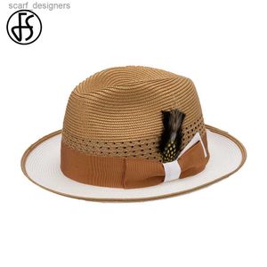 Chapeaux à bord large chapeaux Bucket FS 2024 Summer Khaki Cowboy Straw Chapeaux For Men With Feather Rouled Brim Sombrero Jazz Panama Hat Gentleman Gangster Black Cap Y240409