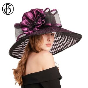 Chapeaux à bord large chapeaux de seau fs violet largeur grand chapeaux d'église pour femmes élégant aumère femme fedoras organza fleur fleur fleur kentucky robe chapeau y240426