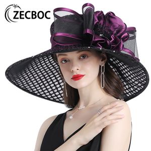 Sombreros de ala ancha cubo Kentucky Derby para mujer púrpura damas fiesta de té boda Organza gran Fascinator moda Vintage Fedoras 230201