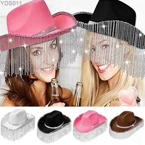 Sombreros de ala ancha Cubo Rhinestone Fringe Cowgirl Hat Bling Diamond Cowboy Western Glitter para mujeres Disco Rave Party Costume 240319