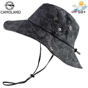 Wide Brim Hats Bucket Upf 50 + Bucket Hat Mens Bob Boonie Summer UV Protection Camo Randonnée Military Tactical Outdoor Sun Q240403