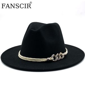 Hombo de borde ancho Bucket Wool Fedora Gat For Women Chapeau Black With Chain Men Simple Autumn Femenino Fashion Jazz Top Cap Al Boldy 221110