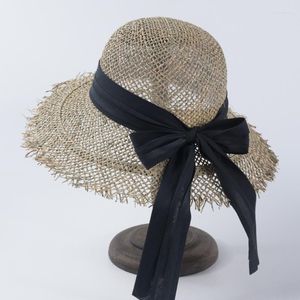 Chapéus de aba larga moda respirável natural gramíneas chapéu de palha com laço de fita verão praia sol para mulheres cool senhoras redondo top chapéu de sol Elob22
