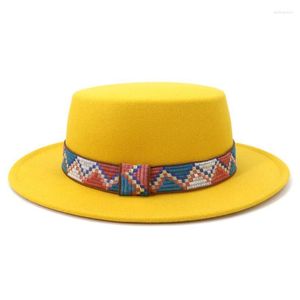 Sombreros de ala ancha Sombrero Fedora Nen Invierno Señoras Tira de cinta Ropa formal Fieltro Caqui y blanco Panamá Delm22