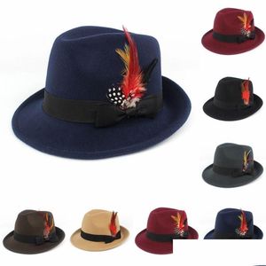 Chapeaux à bord large Fedora Jazz Chapeaux Imitation Tissu de laine Men de tissu en laine Caps Caps Gentleman Guerre formelle Brim Bow Chicken Feather Trilby Hat Drop de Dhiyr