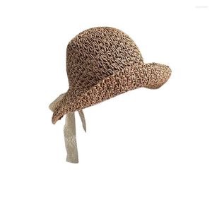 Chapeaux à large bord pliable voyage dentelle ruban nœud papillon Style britannique crème solaire chapeau plat fait à la main haut paille soleil armure casquette