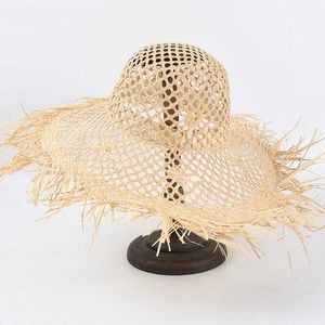 Chapeaux à large bord tissés à la main creux raphia chapeau femme plage vacances en plein air soleil prendre des photos paille vacances GiftWide