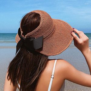 Chapeaux à large bord coréen chapeau de paille femmes été Protection solaire haut vide plage voyage Anti-ultraviolet visage couverture grande casquette pliable