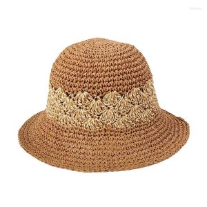 Chapeaux à large bord dames pliable à la main papier chapeau de paille tissé bassin de pêcheur rond haut plage été casquettes de soleil