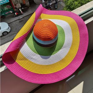 Sombreros de ala ancha Arco iris a rayas Gran sombrilla anti-ultravioleta Sombrero para el sol Playa con borde de alambre se puede plegar arbitrariamente ancho 262j