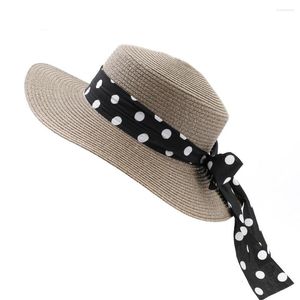 Sombreros de ala ancha Primavera Verano Lady Boater Sun Dot Ribbon Flat Top Straw Beach Vacation Hat Round Panama Cap para mujeres