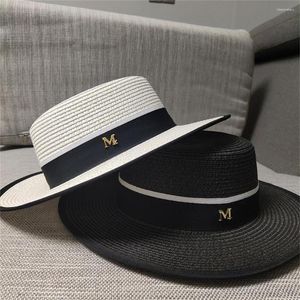 Sombreros de ala ancha elegante playa Trilby Po Props transpirable con cinta negra moda verano mujeres visera gorra sombrero de paja a prueba de sol