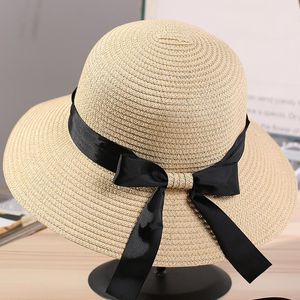 Chapeaux à large bord pour femmes, casquette de plage Anti-UV d'été, chapeau de paille avec nœud papillon élégant, protection solaire, casquettes rondes à dessus plat Gorras