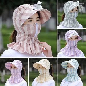 Sombreros de ala ancha Mujeres Cremallera Cara-Cubierto Verano Al aire libre Rayas Sombrero para el sol con ventilador Protección del cuello femenino Gorra a prueba de viento para ciclismo Escalada