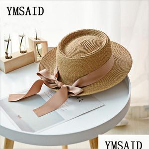 Chapeaux larges bord Ymsaid Summer Sun Hat Fashion Girl St Ruban Bow Beach Casual Flat Top Panama Bone Feminino 220318 Drop Delivery Access DHSCL