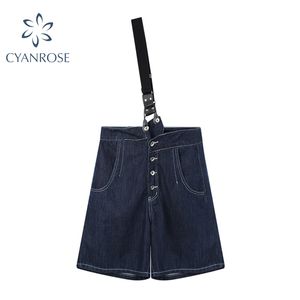 Large jambe bleu Shorts Jeans pantalon avec bretelles femmes longueur au genou poches décontractées pantalons d'été femme lâche BF marée boutons 210417