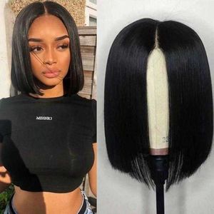 Peluca para mujer, pelo negro corto y recto, corte de pelo Bob de punto medio, pelucas sintéticas Hai