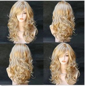 Perruques 100% nouvelle haute qualité photo de mode perruques de dentelle sexy femmes longues ondulées synthétiques résistant à la chaleur cosplay cheveux perruque complète mélange blond