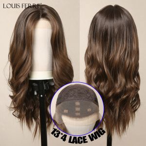 Perruques 13 * 4 Lace Lace Front Synthetic Wigs for Women Long Wavy Dark Brown Sight Middle Part Lace Wigs Daily Cosplay High Temperture Hair